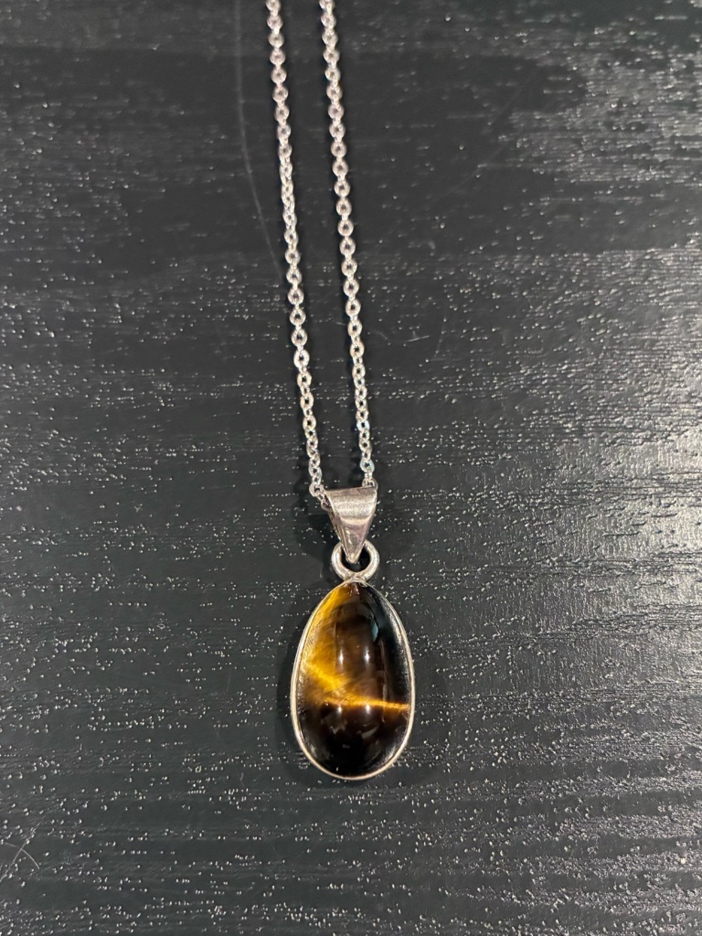 Vintage 925 Sterling Silver Tigers Eye Pendant with Chain, Signed. Circa 1960’s